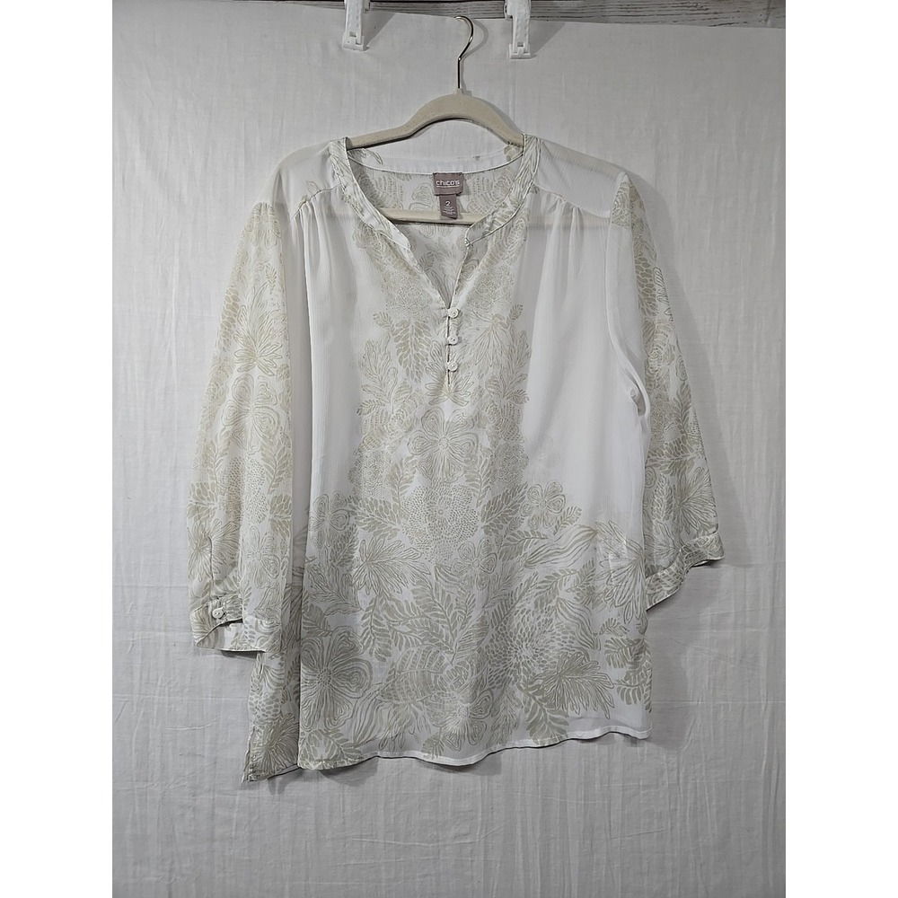 Chico's Pop Over Blouse Women's 2/Large Sheer White Tan Floral Print 3/4 Sleeves